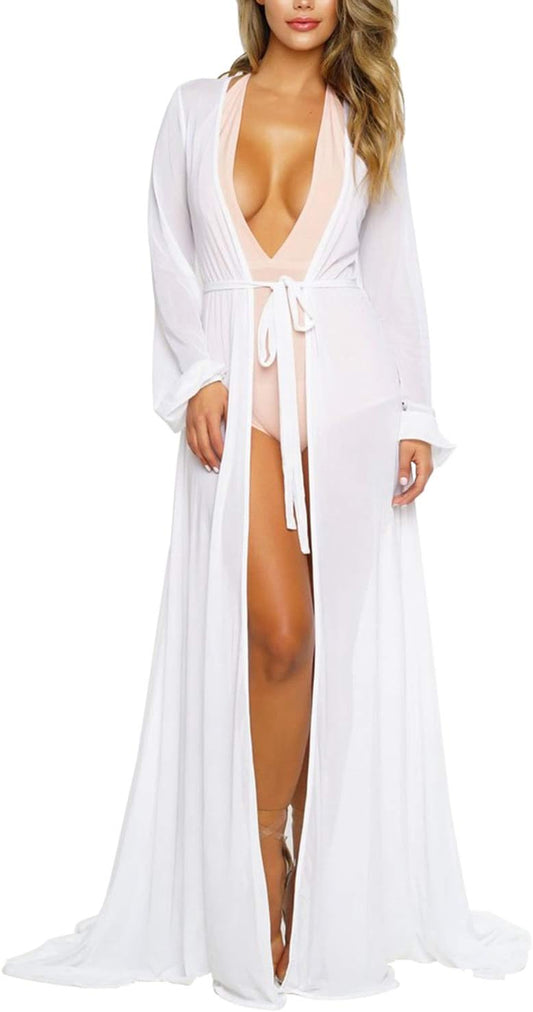 Women'S Sexy Thin Mesh Long Sleeve Tie Front Swimsuit Swim Beach Maxi Cover up Dress
