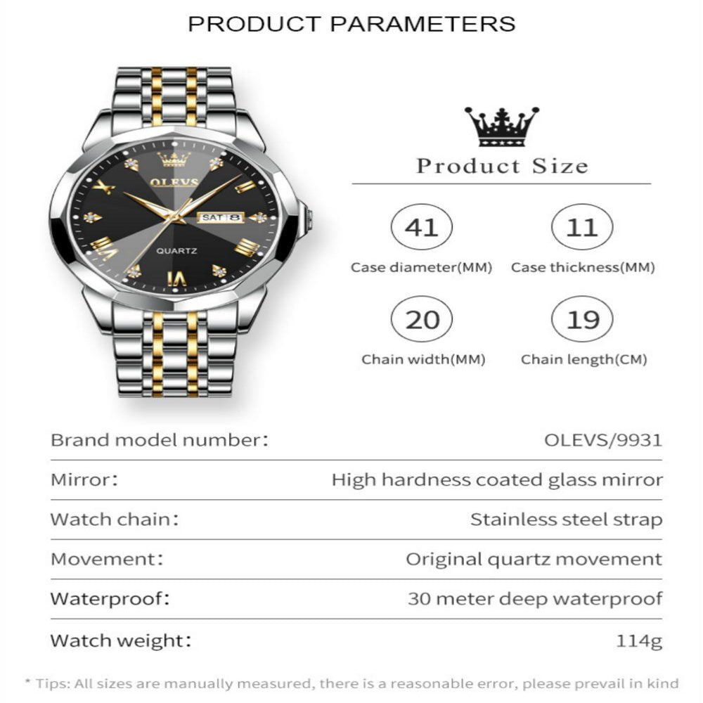 Watch for Men Diamond Luxury Casual Two Tone Stainless Steel Date Quartz Watch Waterproof Luminous, Gifts for Men, Adult Male Wristwatch