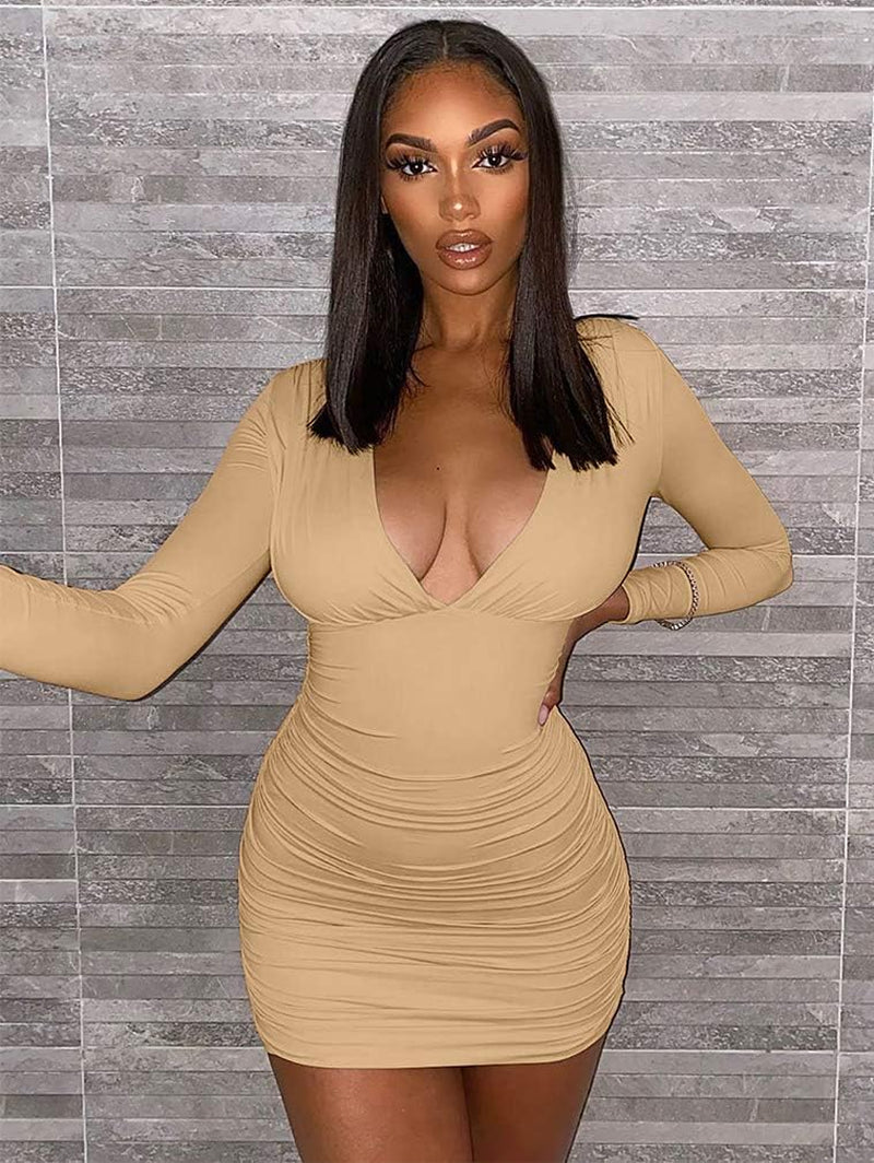 Women'S Sexy Bodycon Long Sleeve V Neck Ruched Mini Club Dress